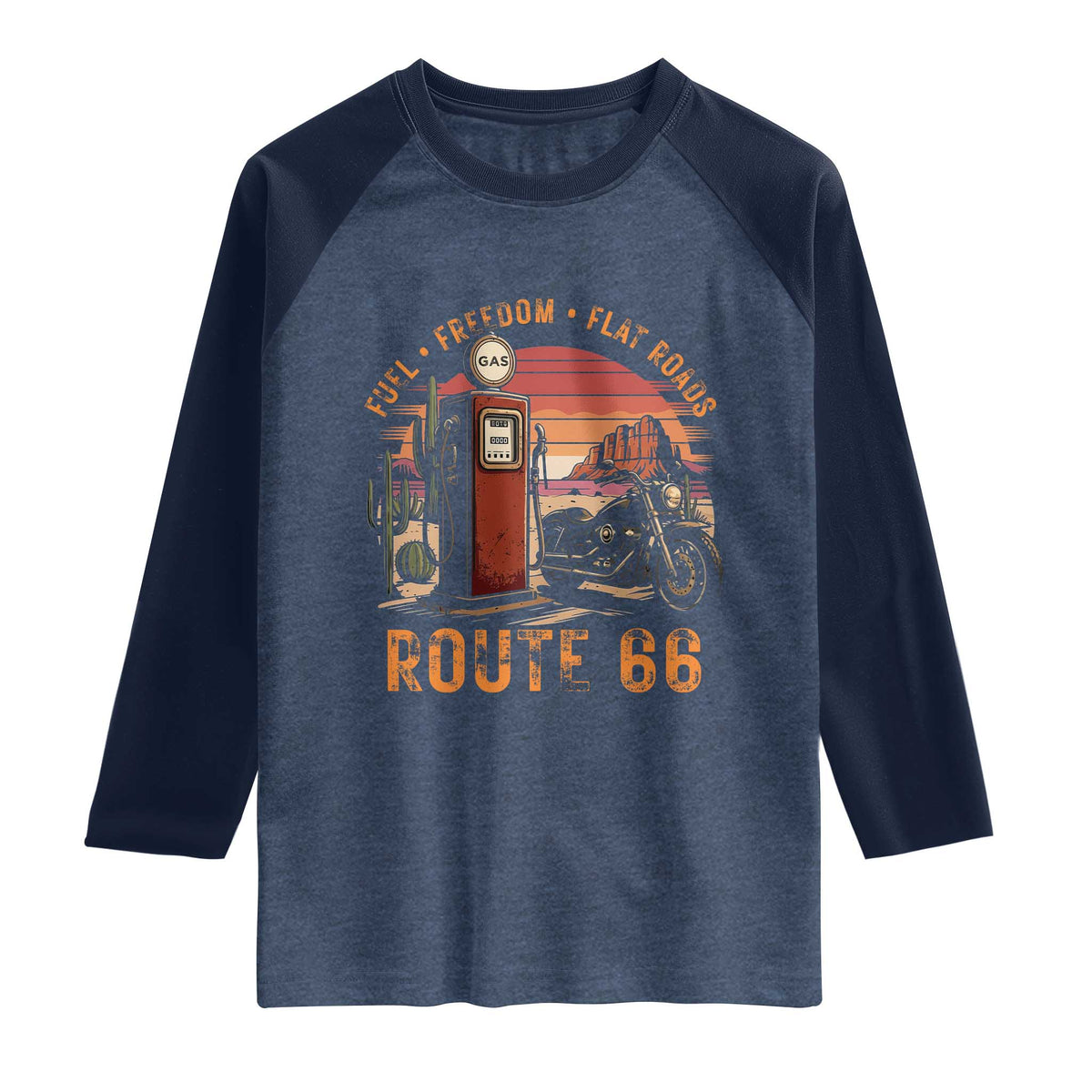 Vintage Route Highway 66 Gas Pump Raglan Shirt Fuel Freedom Flat Roads TS12 Heather Denim Navy Print Your Wear