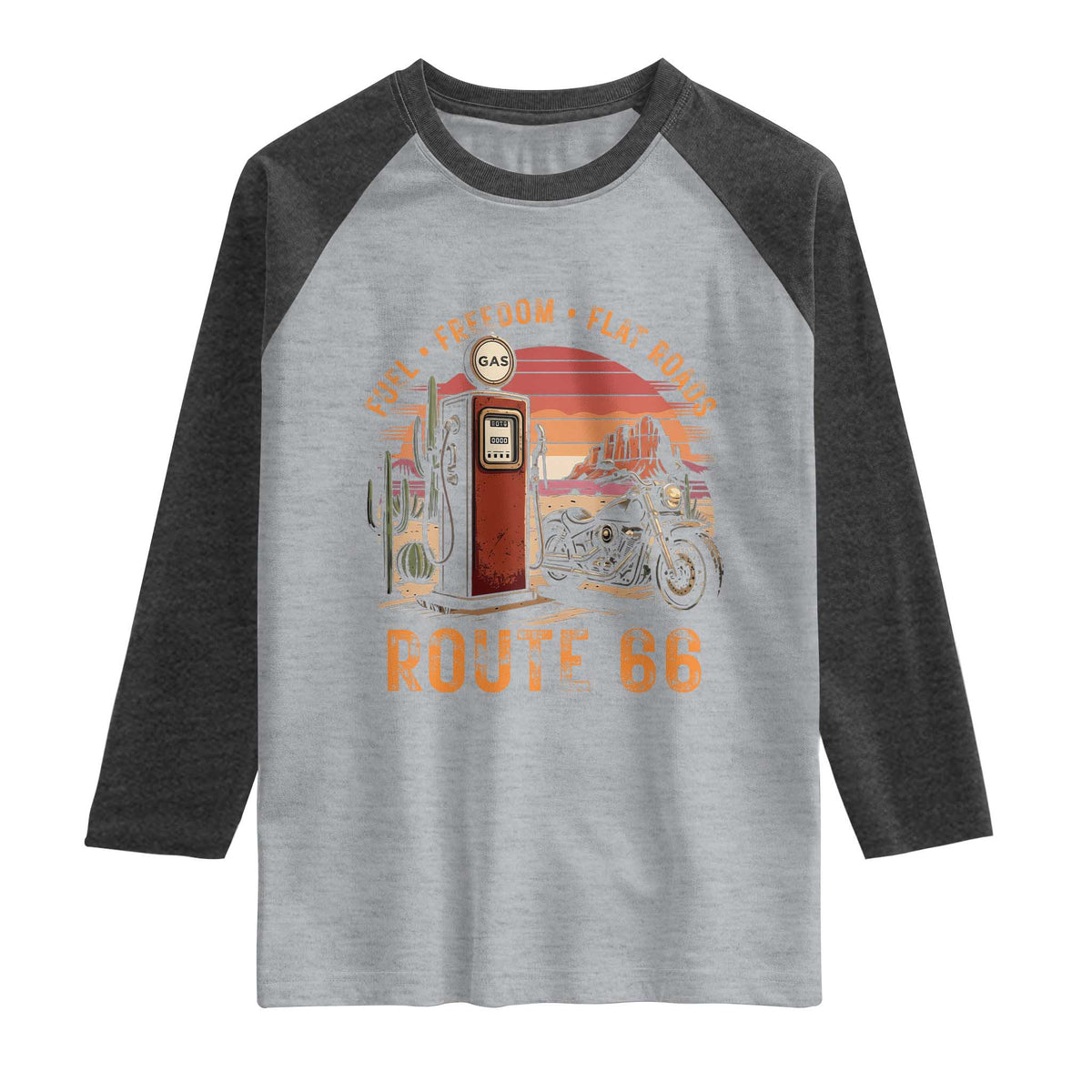 Vintage Route Highway 66 Gas Pump Raglan Shirt Fuel Freedom Flat Roads TS12 Heather Gray Heather Charcoal Print Your Wear