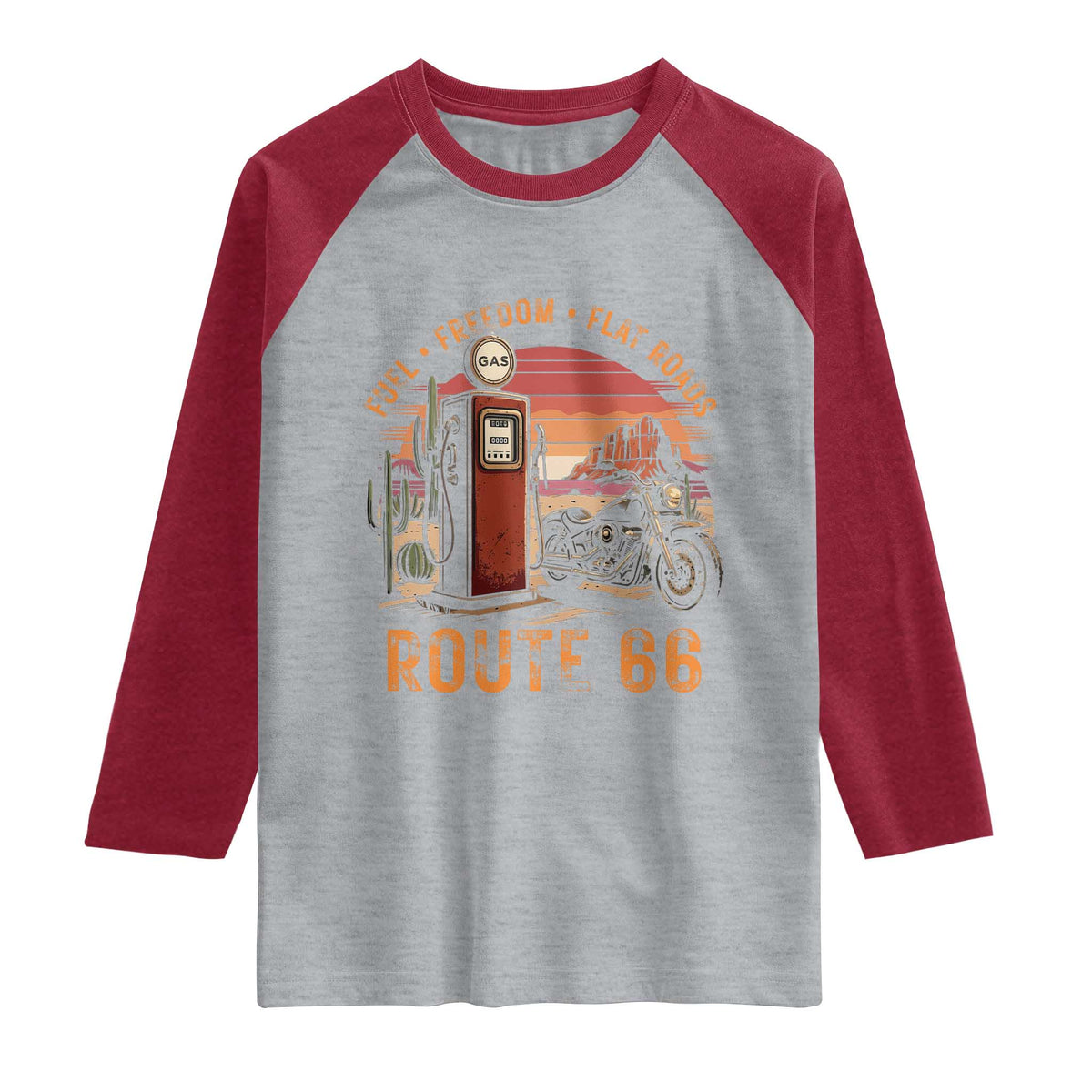 Vintage Route Highway 66 Gas Pump Raglan Shirt Fuel Freedom Flat Roads TS12 Heather Gray Heather Red Print Your Wear