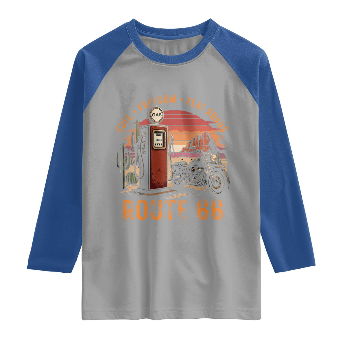 Vintage Route Highway 66 Gas Pump Raglan Shirt Fuel Freedom Flat Roads TS12 Sport Gray Royal Print Your Wear