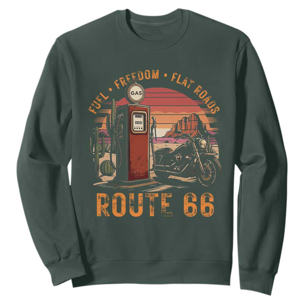 Vintage Route Highway 66 Gas Pump Sweatshirt Fuel Freedom Flat Roads TS12 Dark Forest Green Print Your Wear