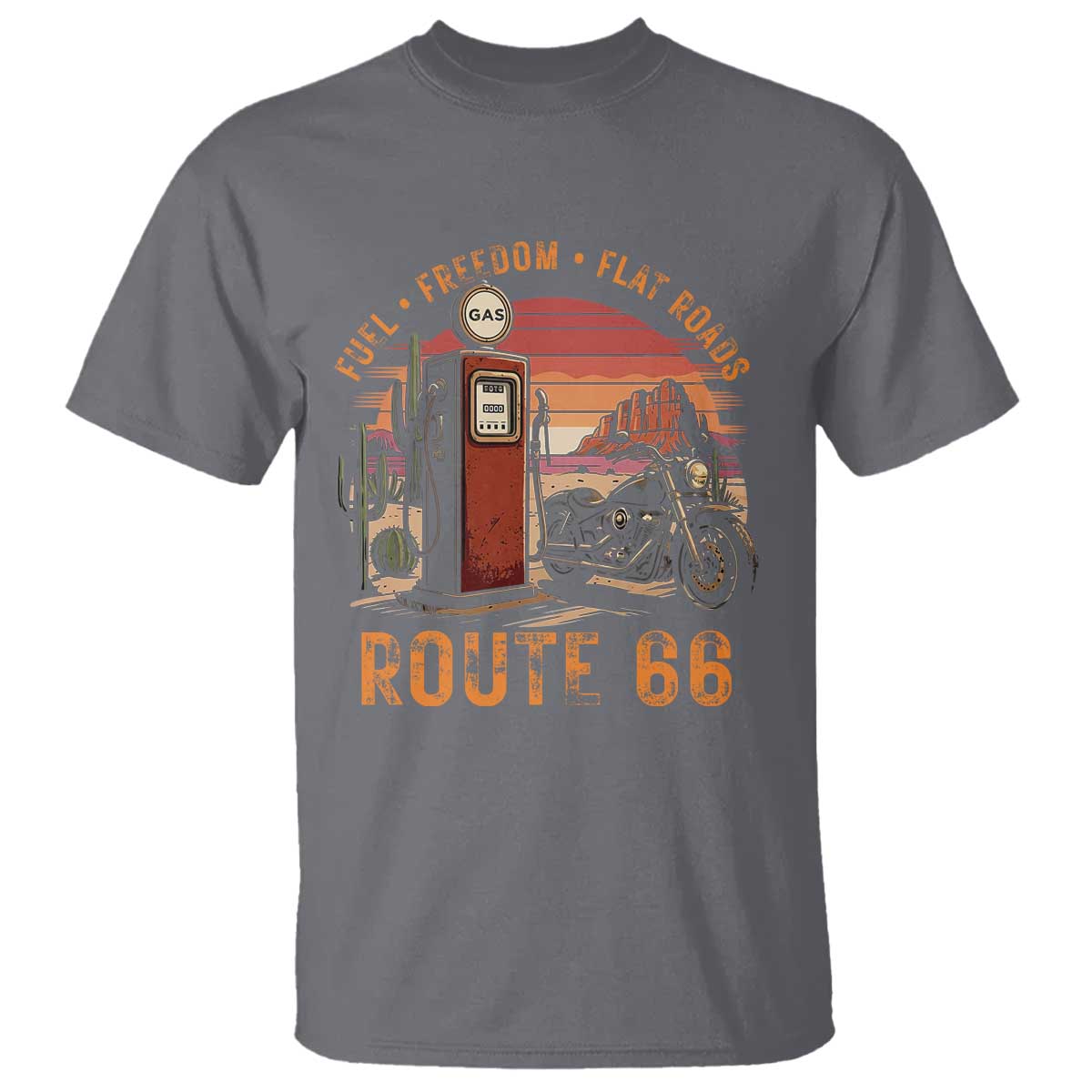 Vintage Route Highway 66 Gas Pump T Shirt Fuel Freedom Flat Roads TS12 Charcoal Print Your Wear
