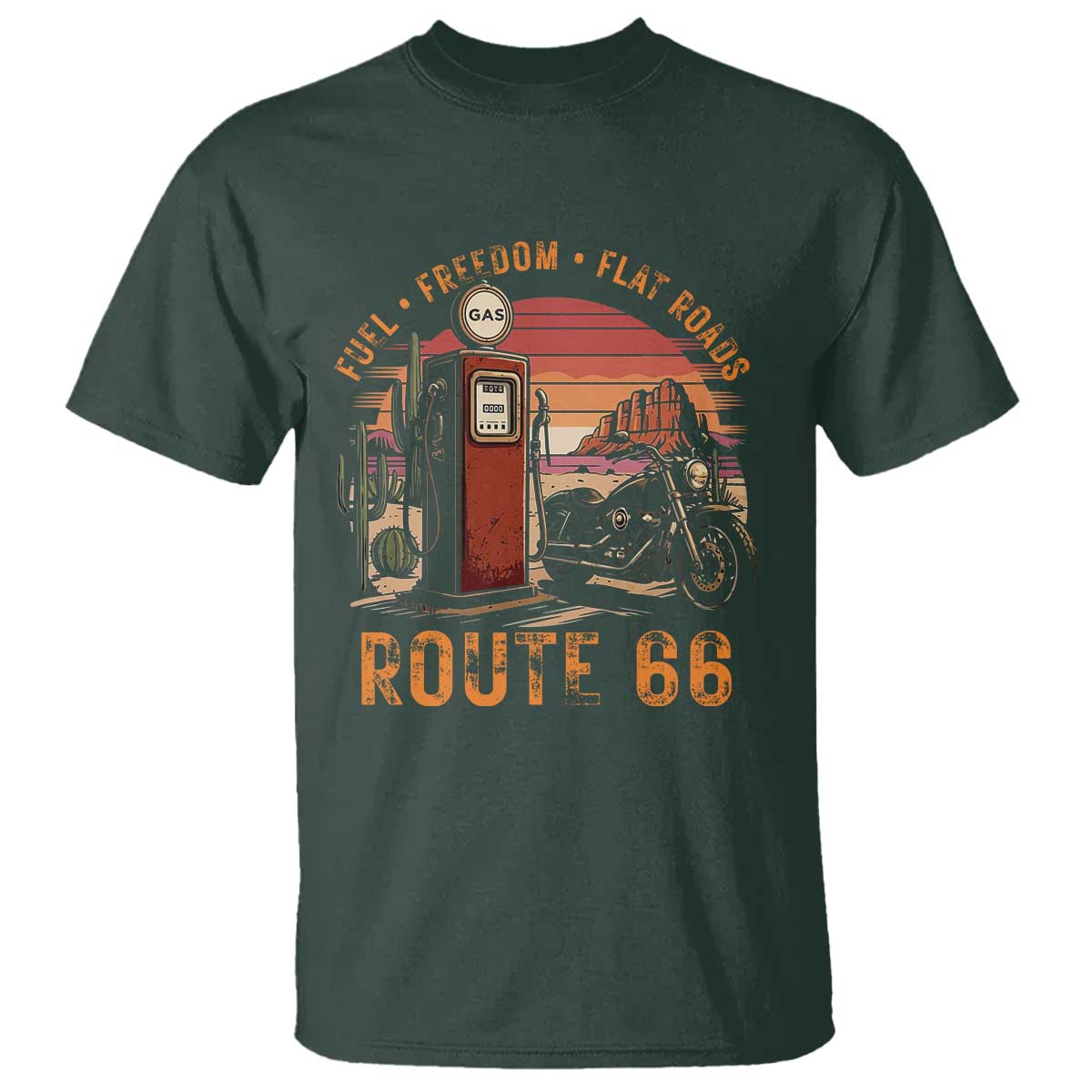 Vintage Route Highway 66 Gas Pump T Shirt Fuel Freedom Flat Roads TS12 Dark Forest Green Print Your Wear