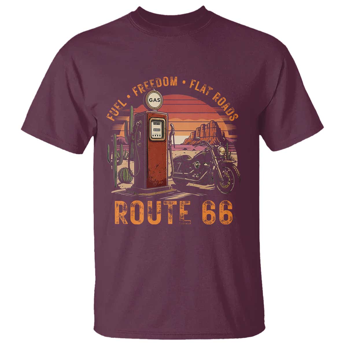 Vintage Route Highway 66 Gas Pump T Shirt Fuel Freedom Flat Roads TS12 Maroon Print Your Wear