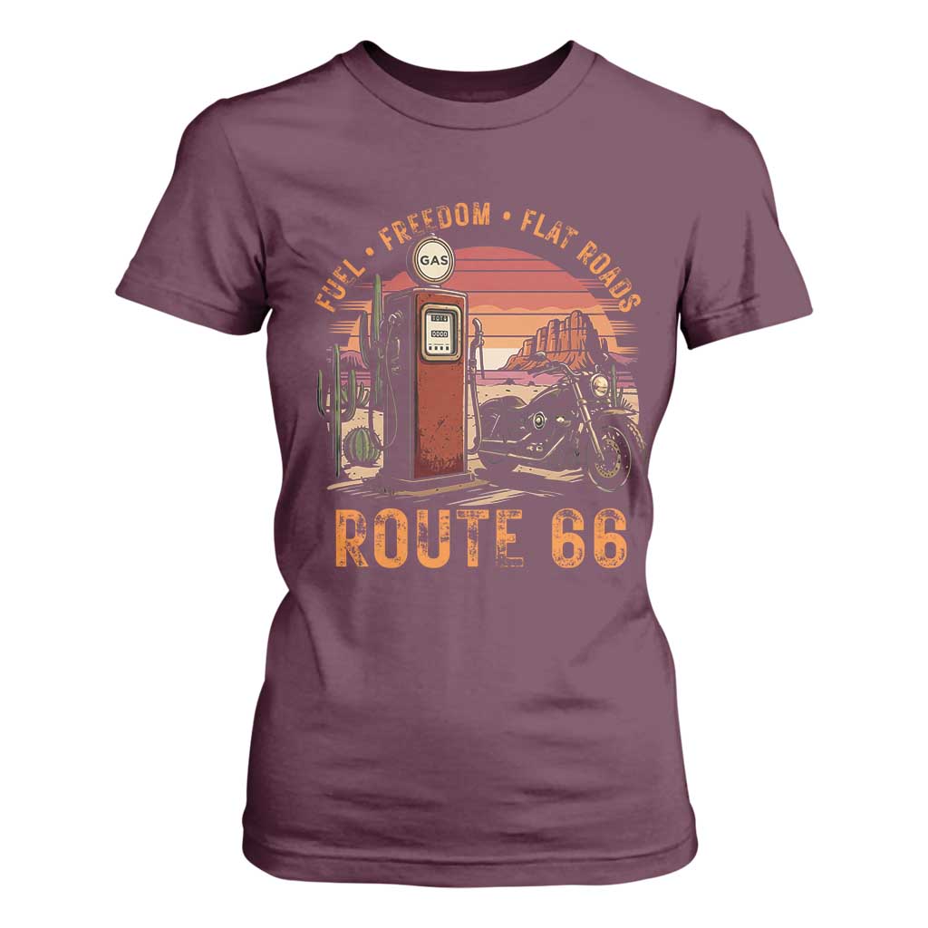 Vintage Route Highway 66 Gas Pump T Shirt For Women Fuel Freedom Flat Roads TS12 Maroon Print Your Wear