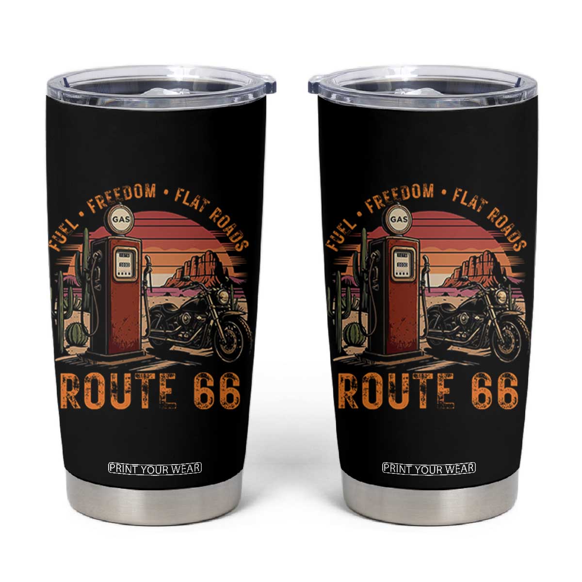Vintage Route Highway 66 Gas Pump Tumbler Cup Fuel Freedom Flat Roads TS12 Black Print Your Wear