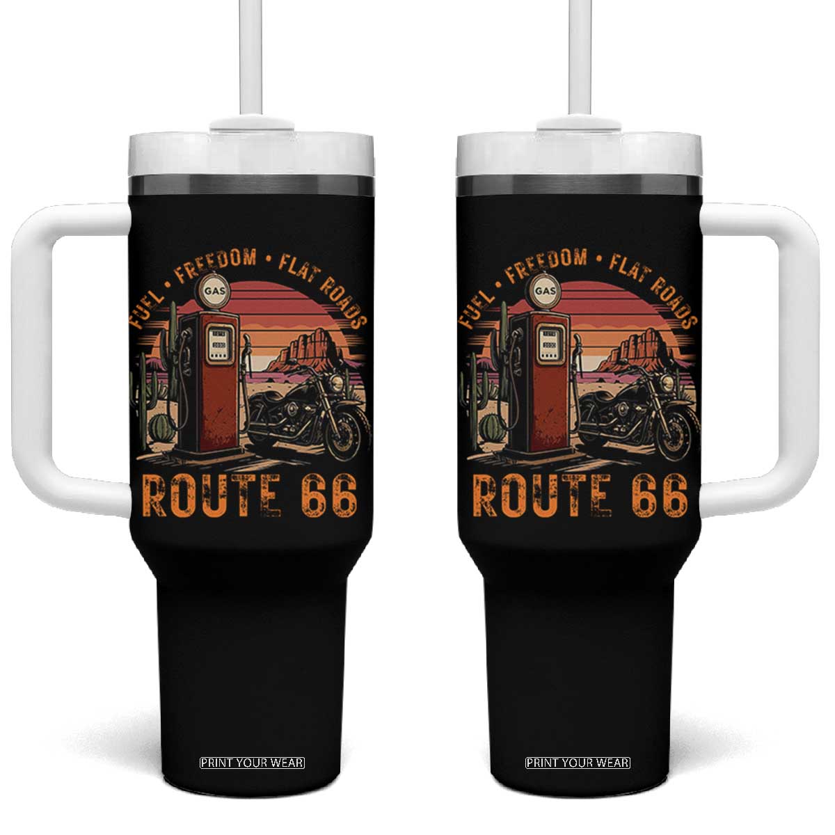Vintage Route Highway 66 Gas Pump Tumbler With Handle Fuel Freedom Flat Roads TS12 One Size: 40 oz Black Print Your Wear