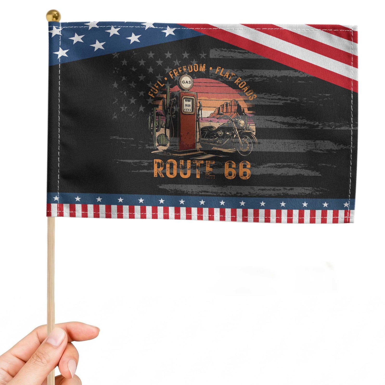 Vintage Route Highway 66 Gas Pump Patriotic Handheld Flag Fuel Freedom Flat Roads TS12 Distressed 8.2