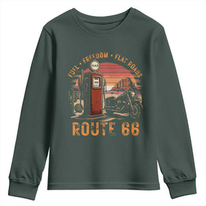 Vintage Route Highway 66 Gas Pump Youth Sweatshirt Fuel Freedom Flat Roads TS12 Dark Forest Green Print Your Wear