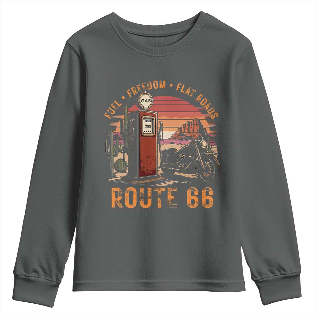 Vintage Route Highway 66 Gas Pump Youth Sweatshirt Fuel Freedom Flat Roads TS12 Dark Heather Print Your Wear