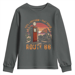 Vintage Route Highway 66 Gas Pump Youth Sweatshirt Fuel Freedom Flat Roads TS12 Dark Heather Print Your Wear