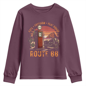 Vintage Route Highway 66 Gas Pump Youth Sweatshirt Fuel Freedom Flat Roads TS12 Maroon Print Your Wear