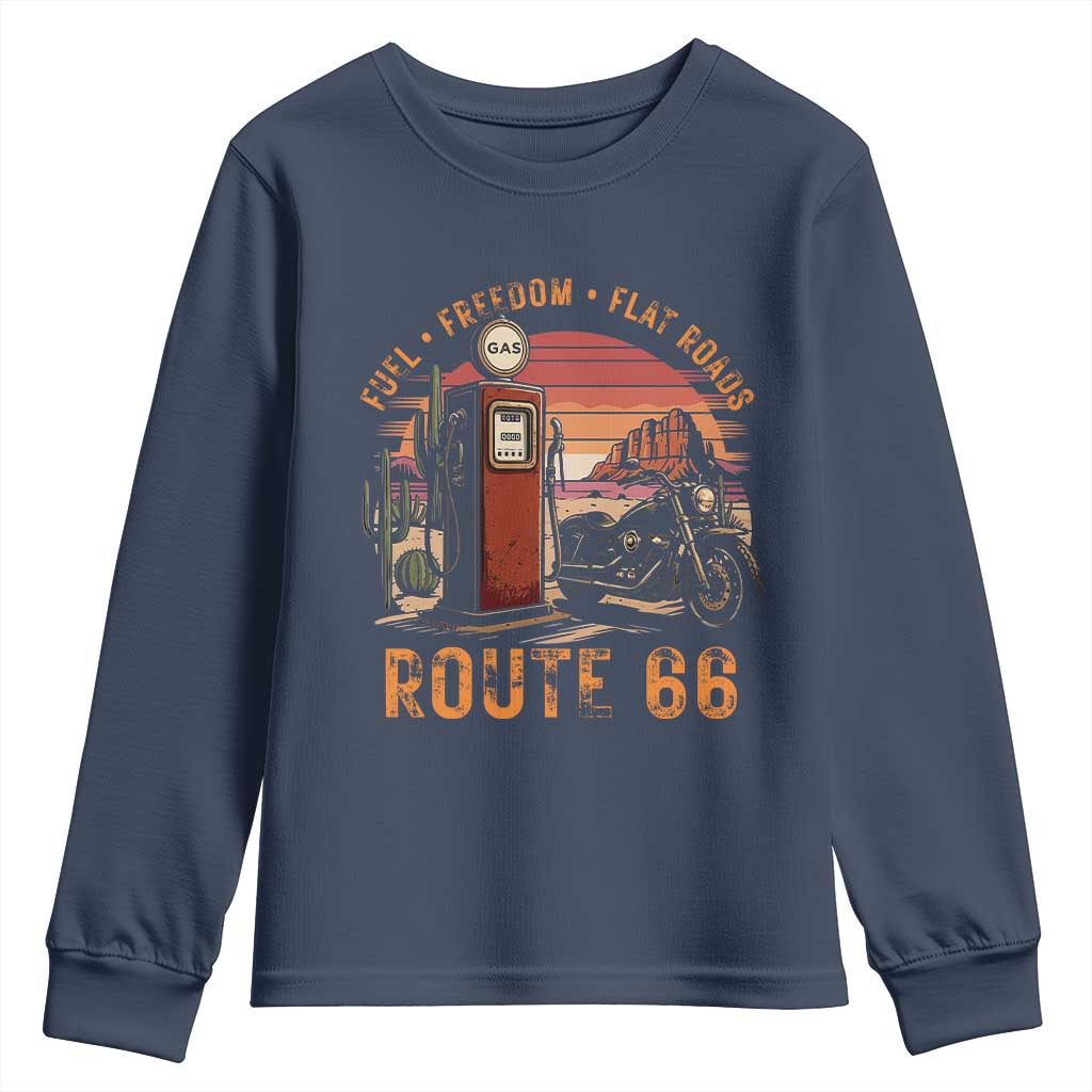 Vintage Route Highway 66 Gas Pump Youth Sweatshirt Fuel Freedom Flat Roads TS12 Navy Print Your Wear
