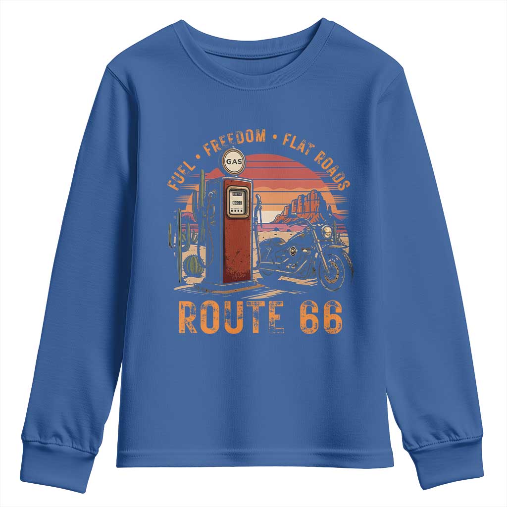 Vintage Route Highway 66 Gas Pump Youth Sweatshirt Fuel Freedom Flat Roads TS12 Royal Blue Print Your Wear