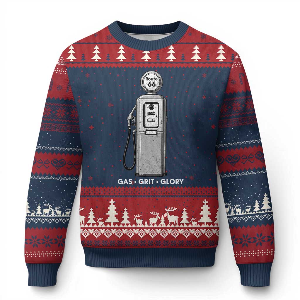 Route Highway 66 Americana Road Trip Ugly Christmas Sweater Gas Grill Glory TS12 Navy Red Print Your Wear