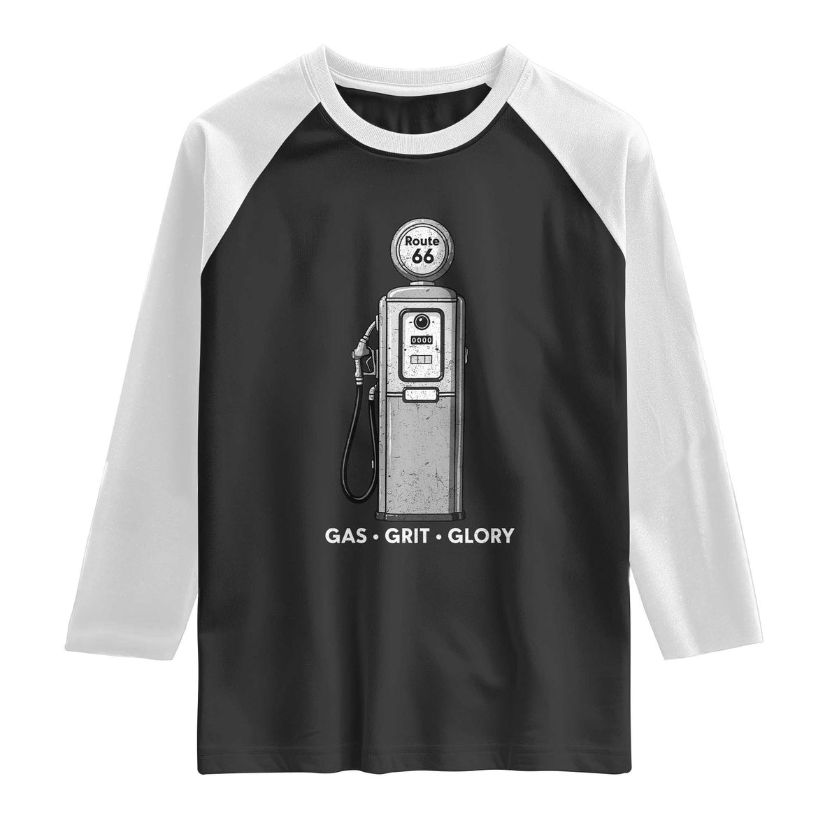 Route Highway 66 Americana Road Trip Raglan Shirt Gas Grill Glory TS12 Black White Print Your Wear