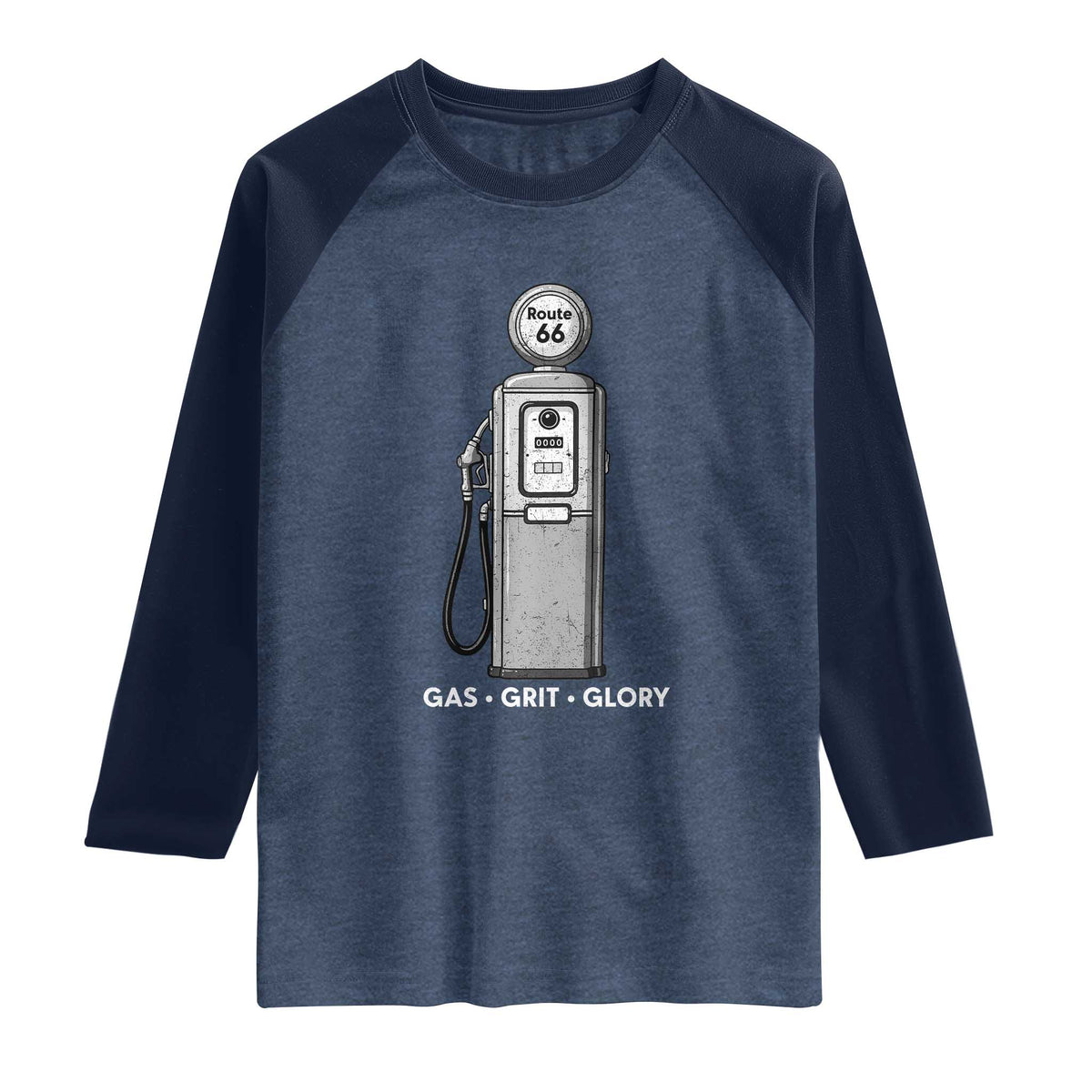 Route Highway 66 Americana Road Trip Raglan Shirt Gas Grill Glory TS12 Heather Denim Navy Print Your Wear