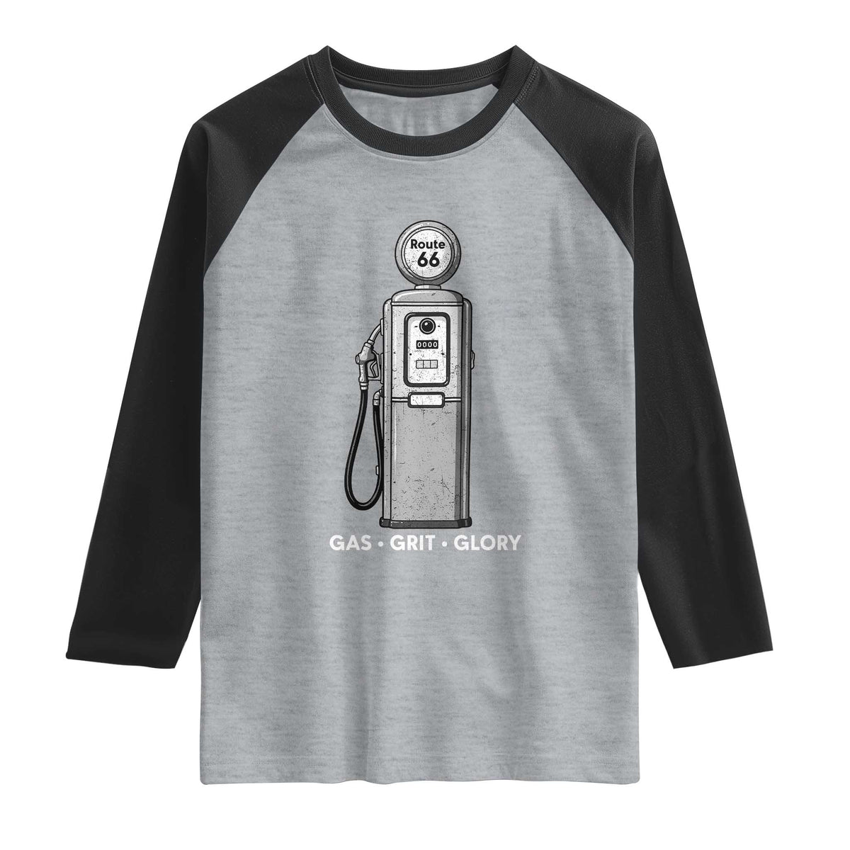 Route Highway 66 Americana Road Trip Raglan Shirt Gas Grill Glory TS12 Heather Gray Black Print Your Wear