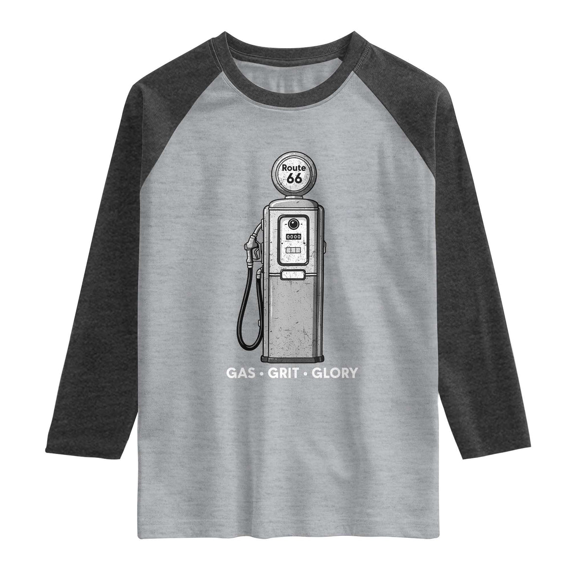 Route Highway 66 Americana Road Trip Raglan Shirt Gas Grill Glory TS12 Heather Gray Heather Charcoal Print Your Wear