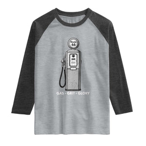 Route Highway 66 Americana Road Trip Raglan Shirt Gas Grill Glory TS12 Heather Gray Heather Charcoal Print Your Wear