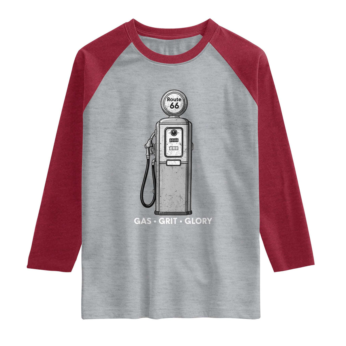 Route Highway 66 Americana Road Trip Raglan Shirt Gas Grill Glory TS12 Heather Gray Heather Red Print Your Wear