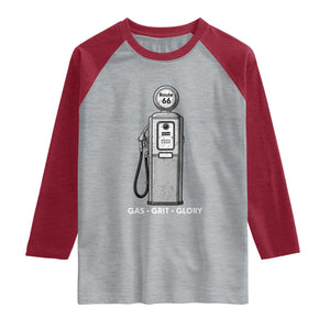 Route Highway 66 Americana Road Trip Raglan Shirt Gas Grill Glory TS12 Heather Gray Heather Red Print Your Wear
