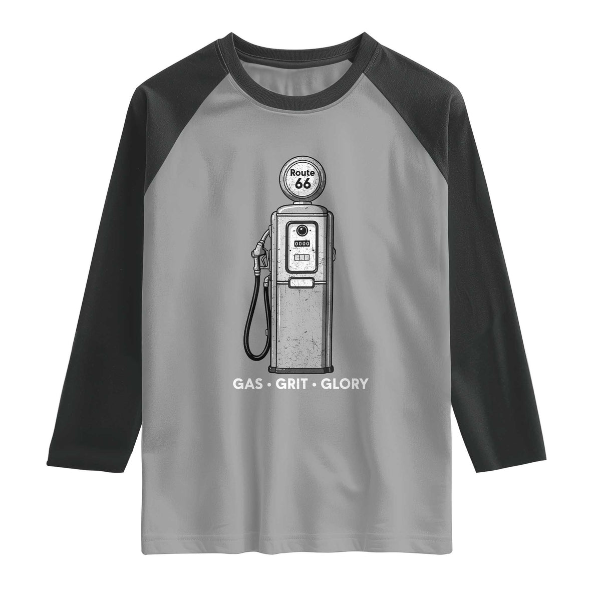 Route Highway 66 Americana Road Trip Raglan Shirt Gas Grill Glory TS12 Sport Gray Black Print Your Wear
