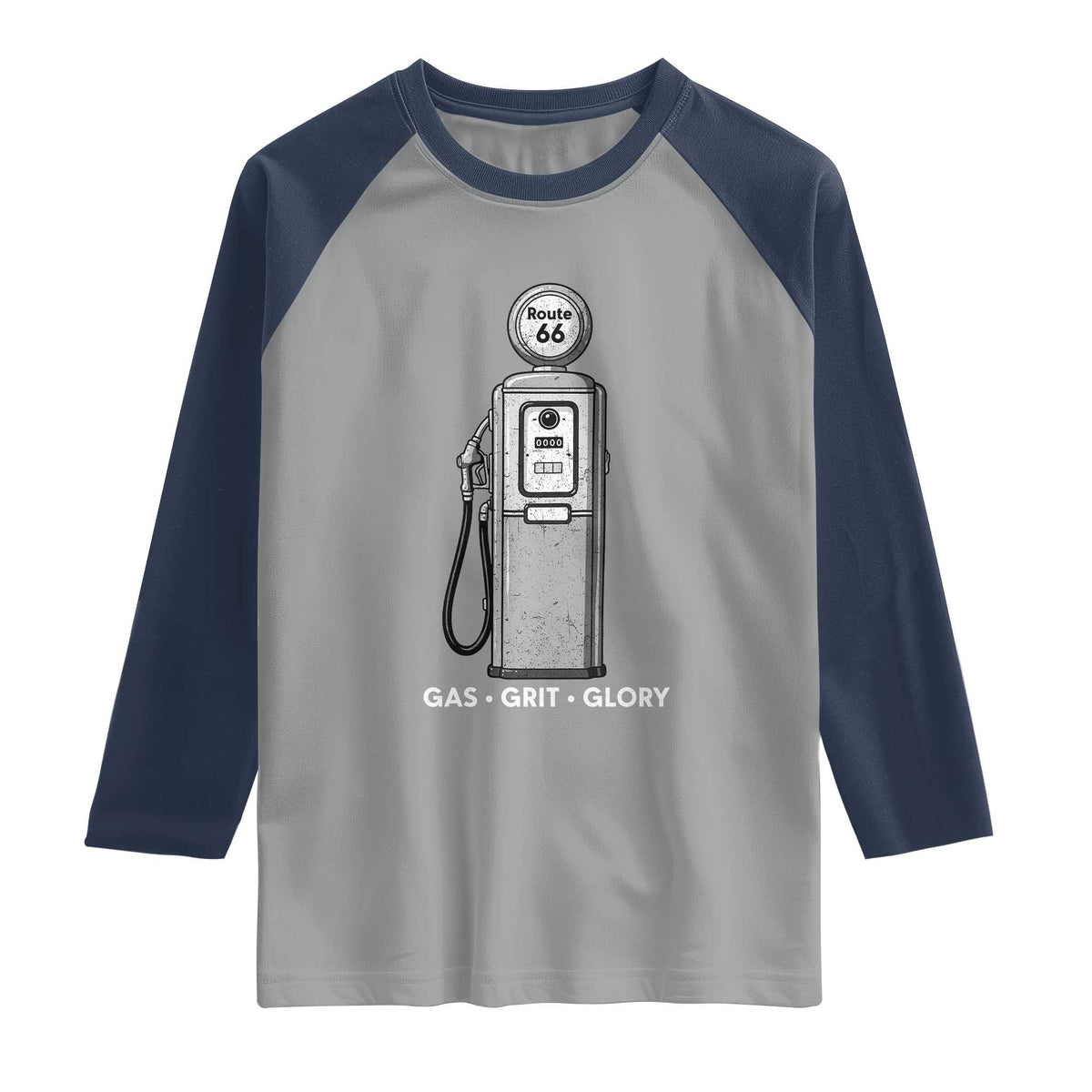 Route Highway 66 Americana Road Trip Raglan Shirt Gas Grill Glory TS12 Sport Gray Navy Print Your Wear
