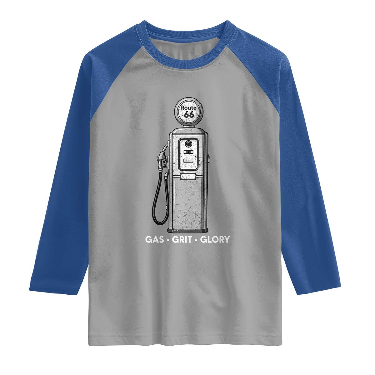 Route Highway 66 Americana Road Trip Raglan Shirt Gas Grill Glory TS12 Sport Gray Royal Print Your Wear