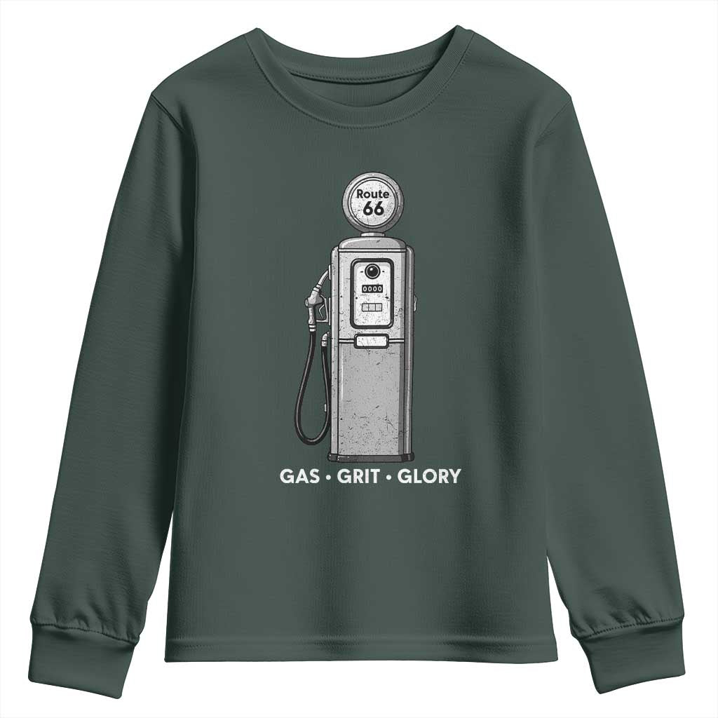Route Highway 66 Americana Road Trip Youth Sweatshirt Gas Grill Glory TS12 Dark Forest Green Print Your Wear