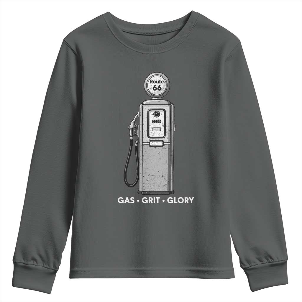 Route Highway 66 Americana Road Trip Youth Sweatshirt Gas Grill Glory TS12 Dark Heather Print Your Wear