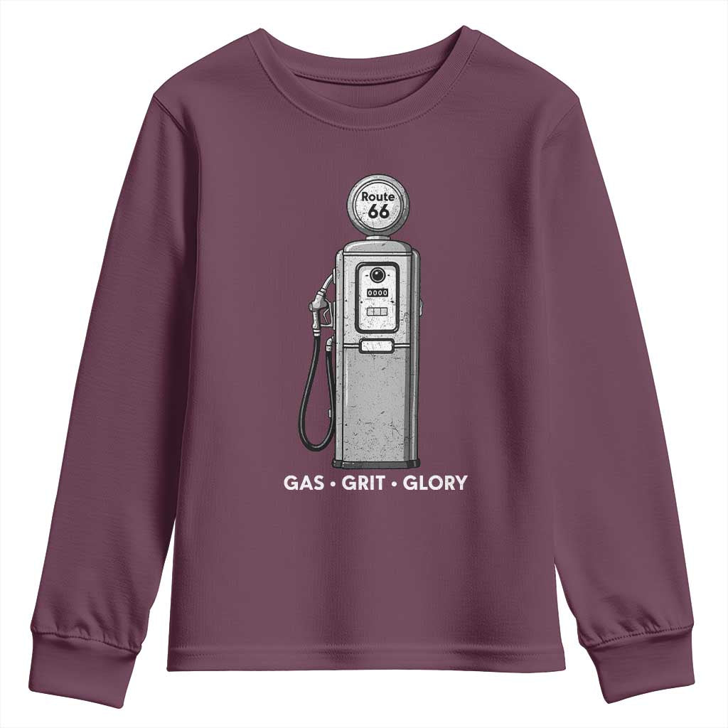 Route Highway 66 Americana Road Trip Youth Sweatshirt Gas Grill Glory TS12 Maroon Print Your Wear