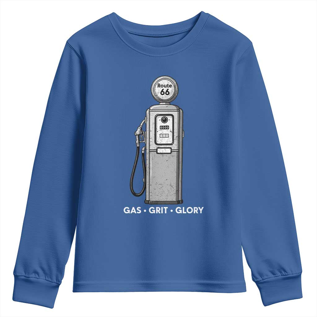 Route Highway 66 Americana Road Trip Youth Sweatshirt Gas Grill Glory TS12 Royal Blue Print Your Wear