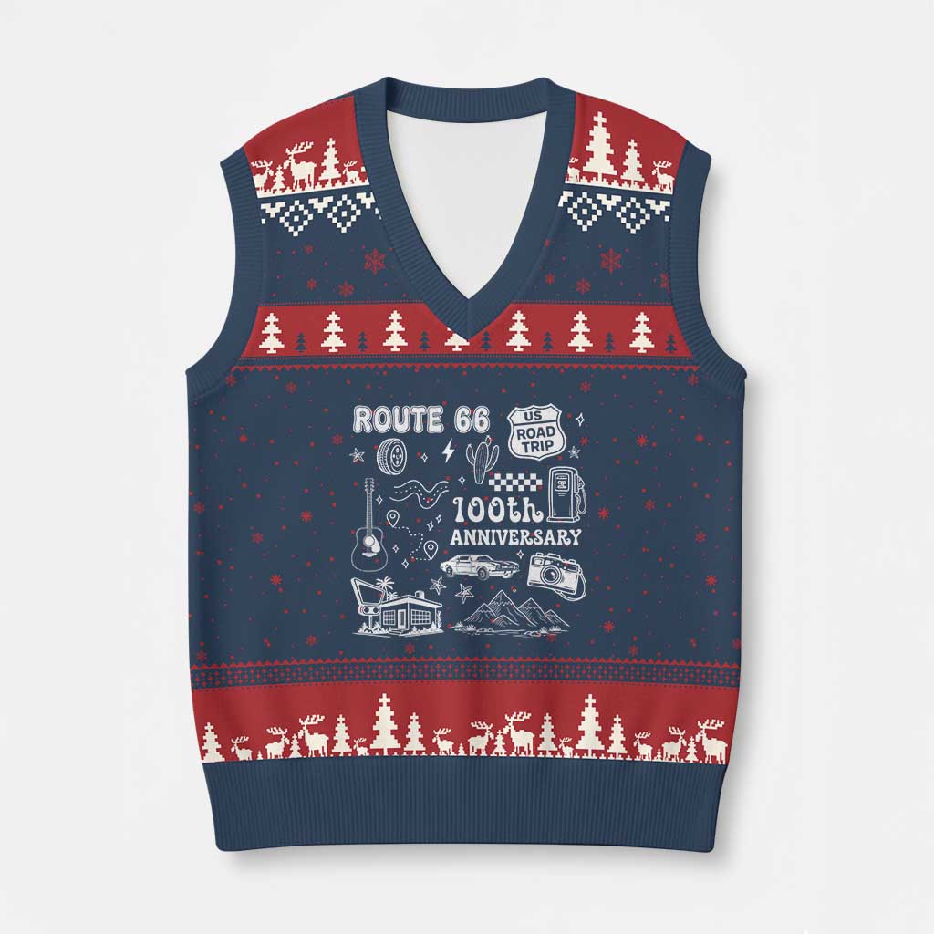 Route Highway 66 100th Anniversary V-Neck Knit Sweater Vest The Mother Road Centennial TS12 Navy Red Print Your Wear