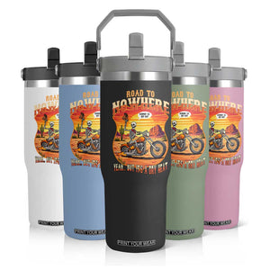 Funny Route Highway 66 Biker Skeleton Flip Straw Tumbler Road To Adventure