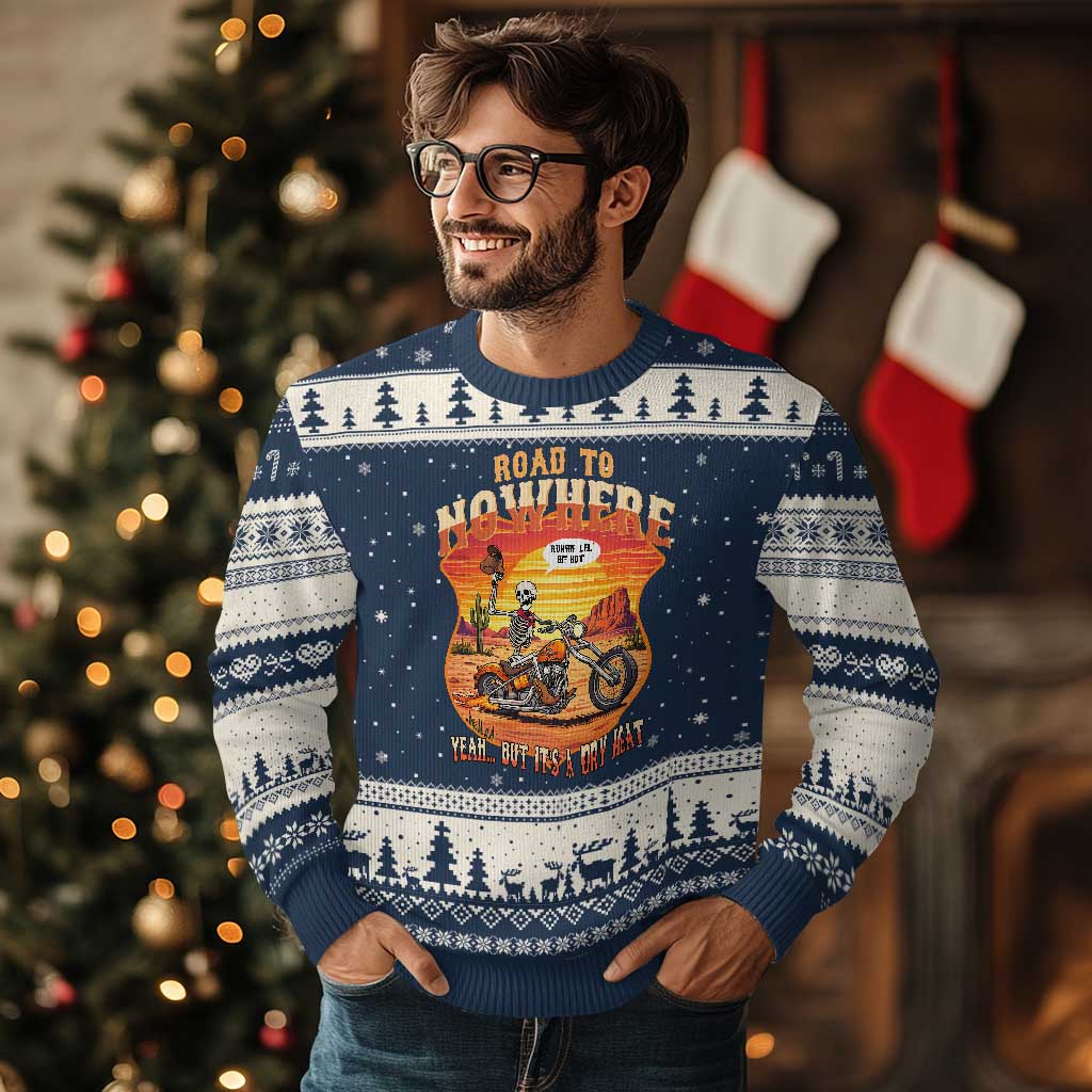 Funny Route Highway 66 Biker Skeleton Ugly Christmas Sweater Road To Adventure TS12 Navy Beige Print Your Wear