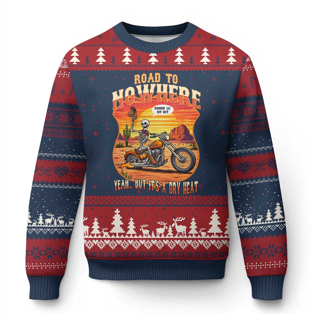 Funny Route Highway 66 Biker Skeleton Ugly Christmas Sweater Road To Adventure TS12 Navy Red Print Your Wear