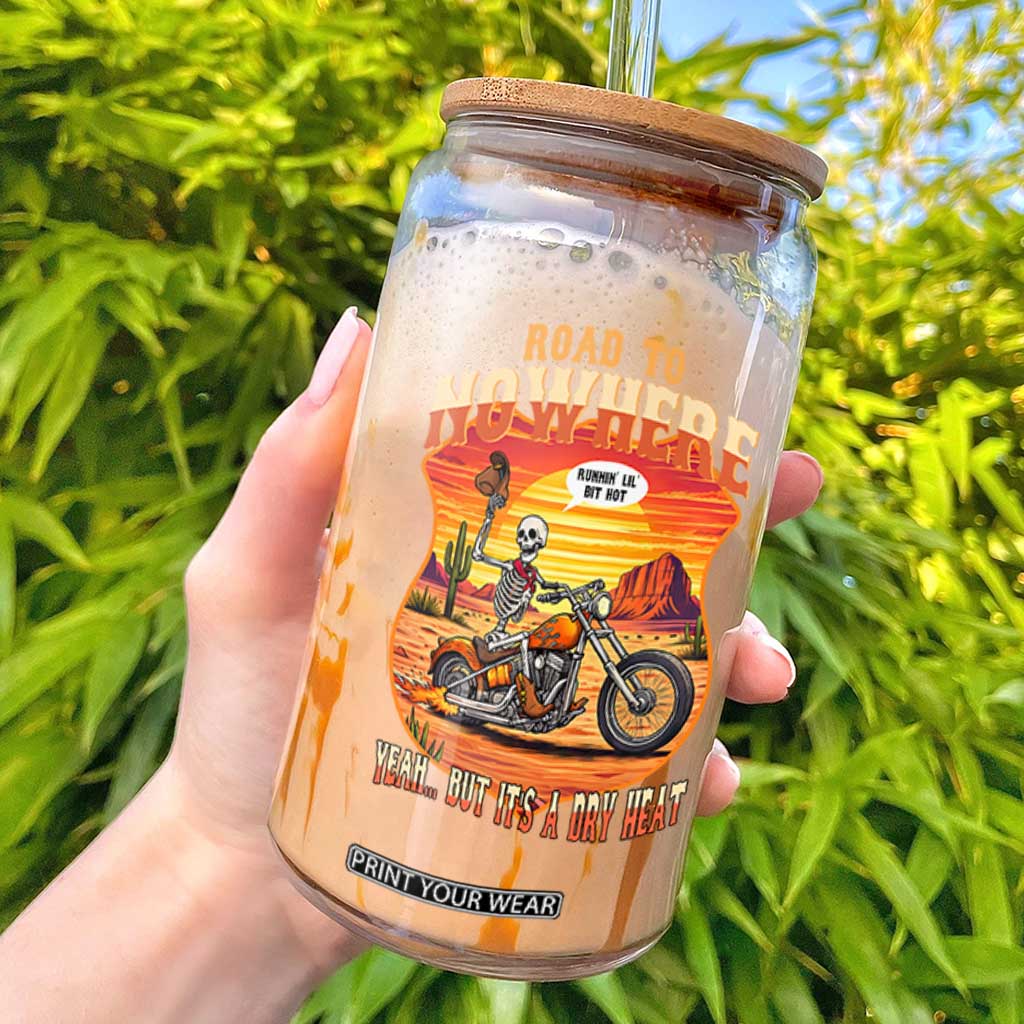 Funny Route Highway 66 Biker Skeleton Glass Can Road To Adventure TS12 Black Print Your Wear