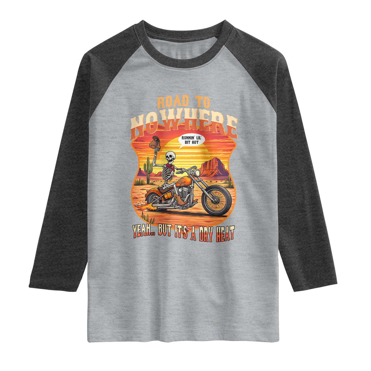 Funny Route Highway 66 Biker Skeleton Raglan Shirt Road To Adventure