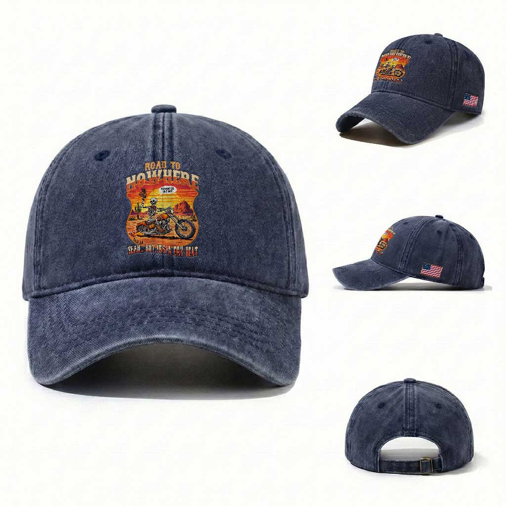 Funny Route Highway 66 Biker Skeleton Washed Cotton Baseball Cap Road To Adventure TS12 Washed Cap Universal Fit Navy Print Your Wear