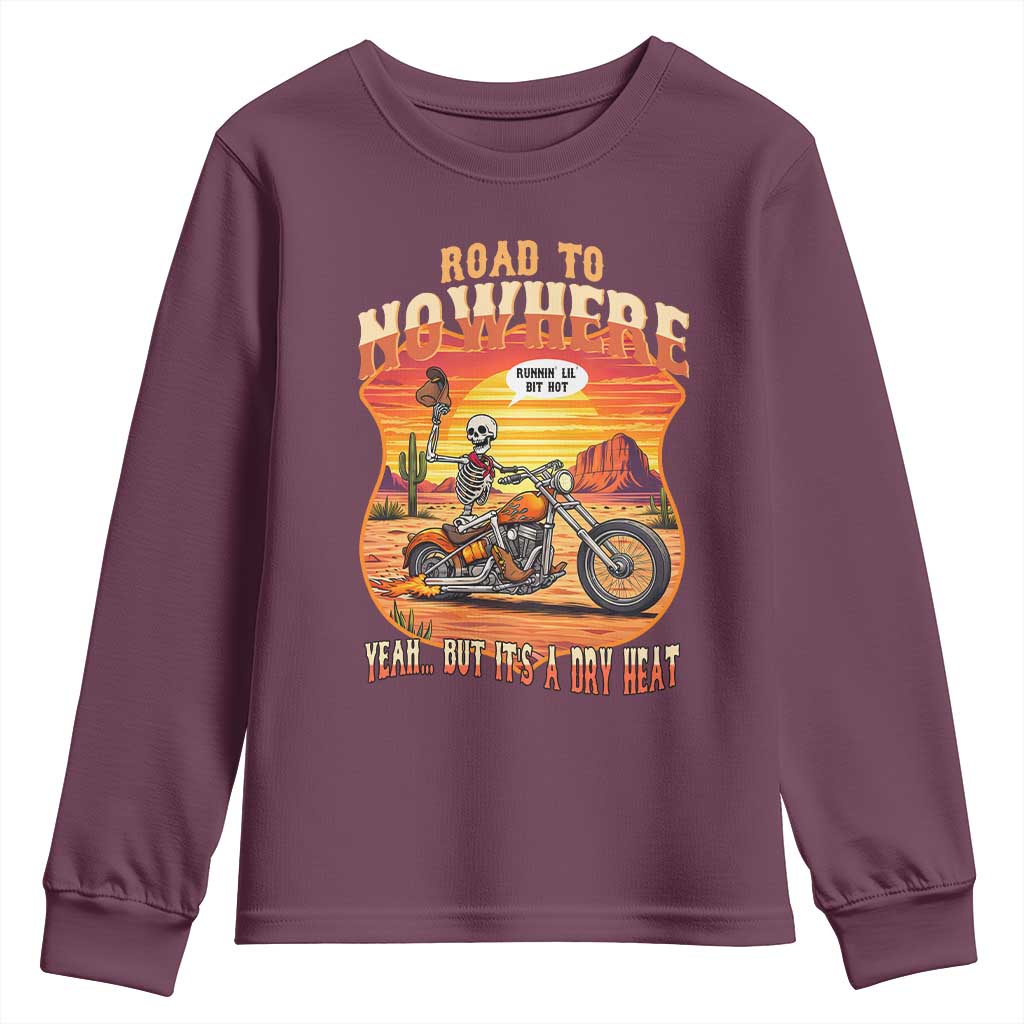 Funny Route Highway 66 Biker Skeleton Youth Sweatshirt Road To Adventure