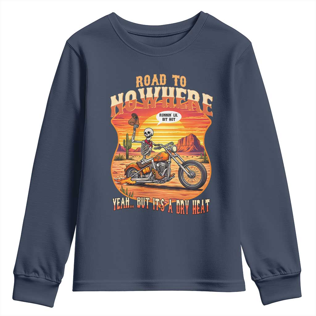 Funny Route Highway 66 Biker Skeleton Youth Sweatshirt Road To Adventure
