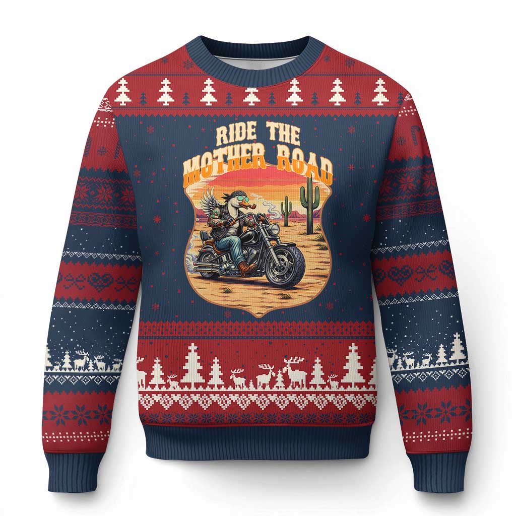 Funny Route Highway 66 Goose Biker Ugly Christmas Sweater Ride The Mother Road TS12 Navy Red Print Your Wear