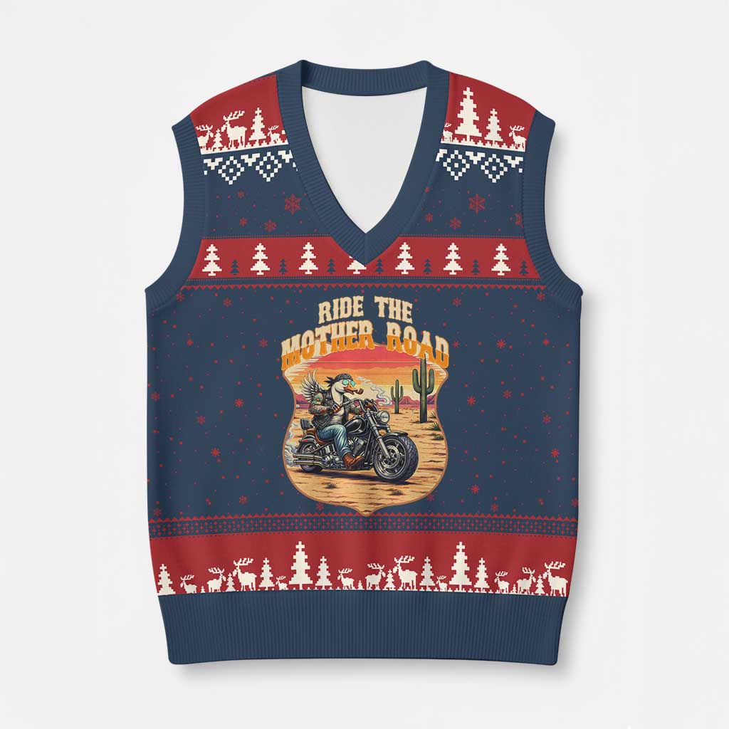 Funny Route Highway 66 Goose Biker V-Neck Knit Sweater Vest Ride The Mother Road TS12 Navy Red Print Your Wear