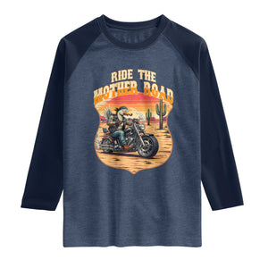 Funny Route Highway 66 Goose Biker Raglan Shirt Ride The Mother Road TS12 Heather Denim Navy Print Your Wear