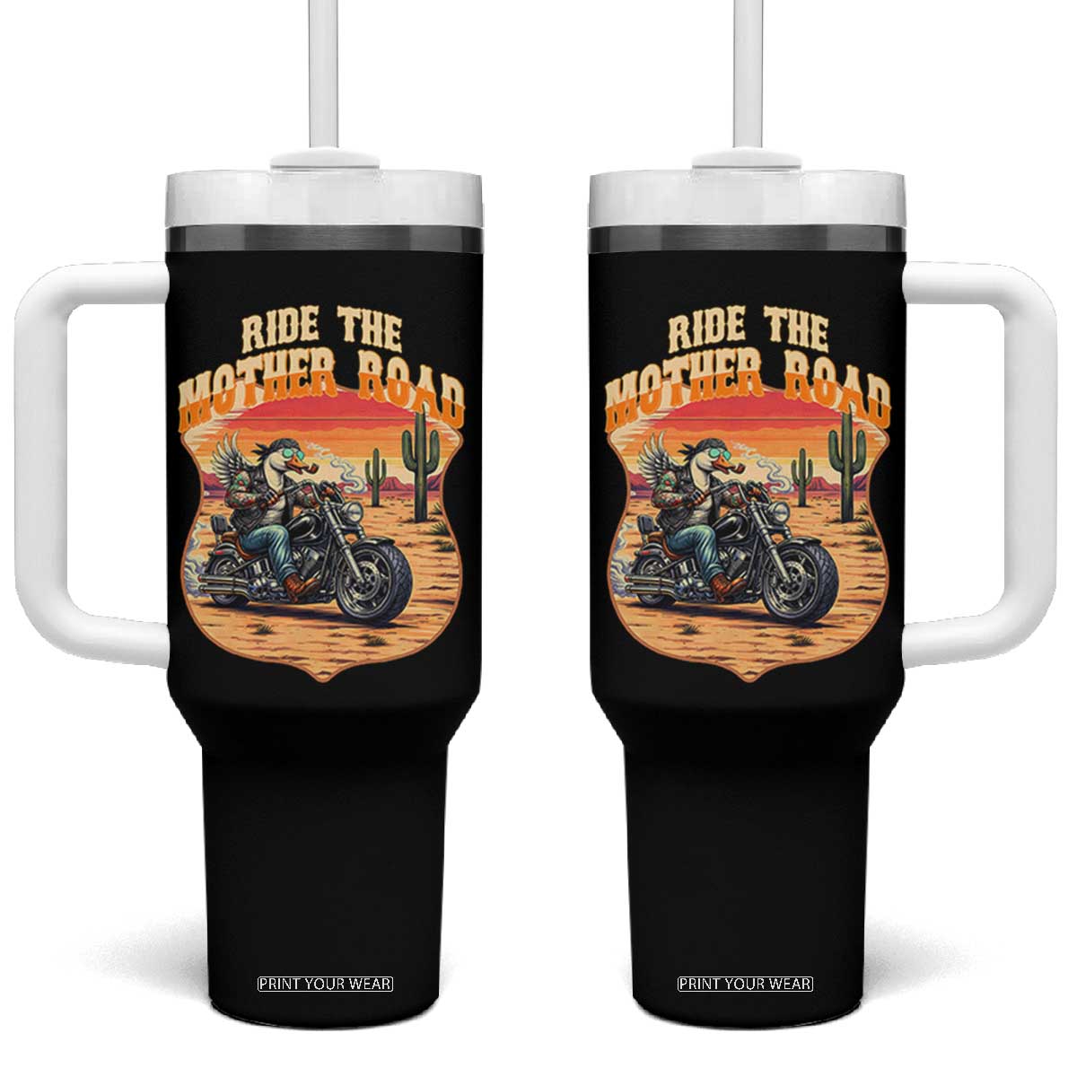Funny Route Highway 66 Goose Biker Tumbler With Handle Ride The Mother Road TS12 One Size: 40 oz Black Print Your Wear