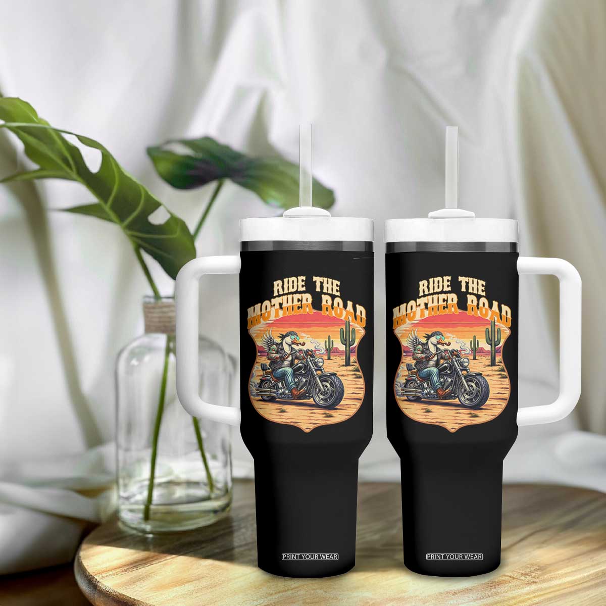 Funny Route Highway 66 Goose Biker Tumbler With Handle Ride The Mother Road TS12 Print Your Wear