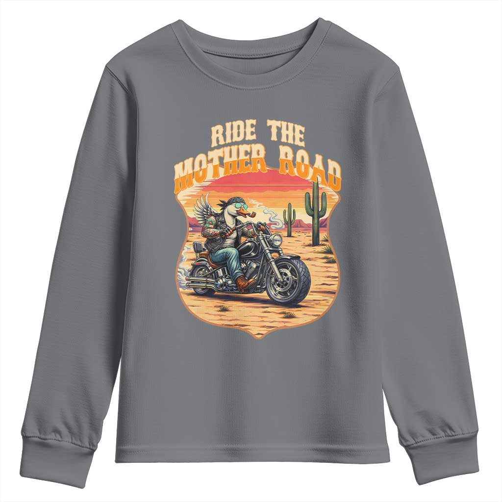 Funny Route Highway 66 Goose Biker Youth Sweatshirt Ride The Mother Road TS12 Charcoal Print Your Wear