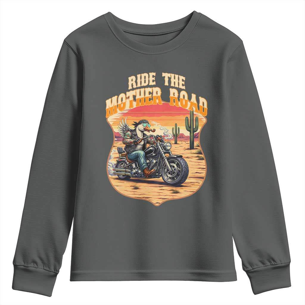 Funny Route Highway 66 Goose Biker Youth Sweatshirt Ride The Mother Road TS12 Dark Heather Print Your Wear