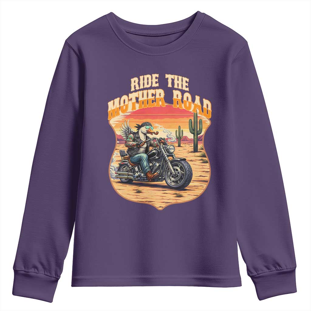 Funny Route Highway 66 Goose Biker Youth Sweatshirt Ride The Mother Road TS12 Purple Print Your Wear